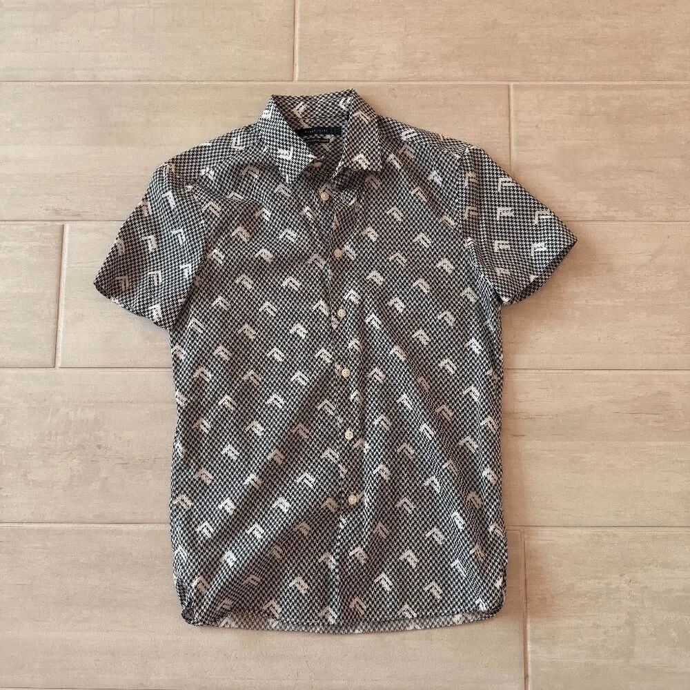 Perry Ellis Slim-Fit Arrow-Print Casual Shirt Black & White Small Button Front